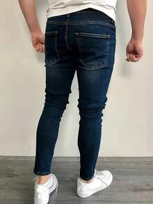Men's Stretch Distressed Denim Jeans, Deep Blue Ripped Skinny Jeans For Street Fashion, All-Season Comfort Fit Trousers - Rửa tối - Xem 3