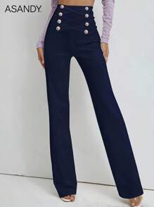 Women's 70s Retro Style High Waist Flare Pants With Gold Buttons, Vintage Office & Casual Wear - Navy Blue - View 4