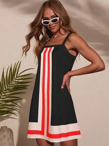 Summer Women's Striped Mini Dress – Square Neck Color Block Short Sundress, Sexy Beach Vacation Outfit, Club Party Casual Dress, Y2K Cute Fashion Outfit - Đen và Đỏ - Xem 5