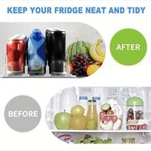 Empujador de bebidas de 1 pieza, dispensador de latas y botellas para refrigerador, dispensador autopropulsado de latas de bebidas con divisores de doble capa mejorados y hebillas de posicionamiento, suministros de cocina, organizador y almacenamiento de gabinetes, organizador de escritorio