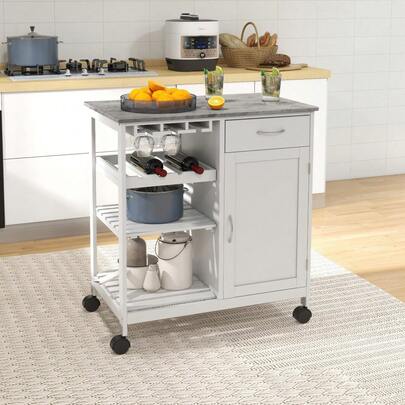 White Compact Kitchen Trolley – Mobile Utility Cart With Wine Rack, Drawer & Open Shelf, Versatile Storage For Dining Room/Pantry