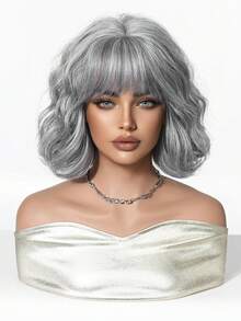 12英寸亚麻棕色短款波浪卷假发，耐热合成假发，带刘海，适合日常佩戴、派对和角色扮演 - 灰色 - 查看 3