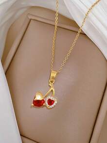 1pc Fashionable Stainless Steel Pomegranate & Cherry Pendant Necklace, Suitable For Daily Wear
