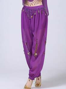 女式肚皮舞硬币灯笼裤侧开叉亮片雪纺裤宽松阿拉伯哈伦裤万圣节服装派对舞蹈服