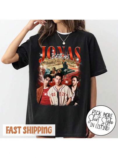 Camiseta Vintage del 20º Aniversario de Jonas Bros 2025 - Camiseta Gráfica Retro de los 90 con Miembros Icónicos de la Banda, Camiseta de Manga Corta de Ajuste Regular Unisex para Hombres y Mujeres, Ropa Casual para Todas las Estaciones, Camisetas Vintage, Ropa de Todas las Estaciones, Estilo Bohemio, Impresión Duradera