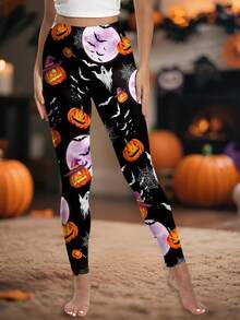 Womens Halloween Leggings High Waist Pumpkin Print Slim Fit Workout Pants Pajama Bottoms - Black - View 1