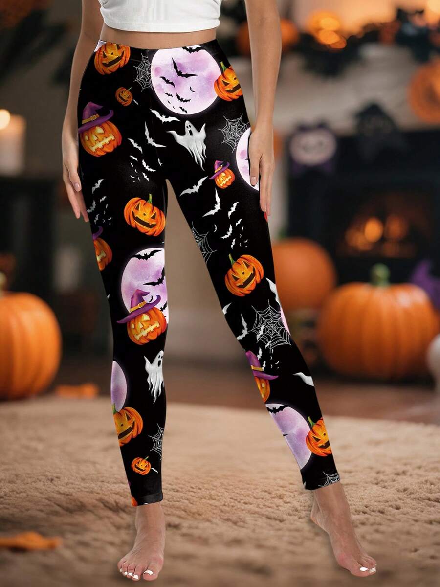 Womens Halloween Leggings High Waist Pumpkin Print Slim Fit Workout Pants Pajama Bottoms - Black - View 1
