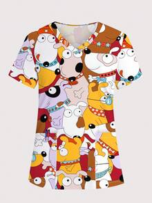 cimmuovere Uniforme de pijama médico con cuello en V, manga corta, estampado lindo de perro, múltiples bolsillos, para enfermeras, dentistas, personal de salud, veterinaria y laboratorio