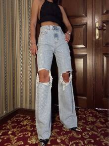 SQUALO 女式阔腿彩色口袋细节做旧复古水洗街头风格牛仔裤破洞镂空阔腿牛仔裤 - 棕色 - 查看 5