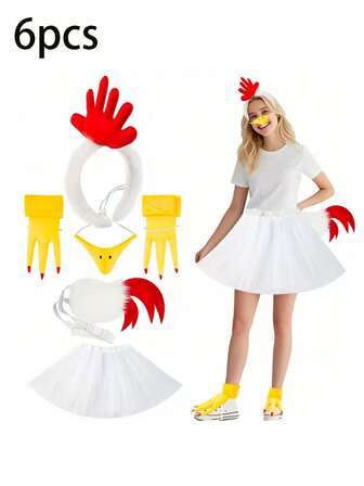 6pcs5pcs Rooster Costume Accessories Cosplay Adult Chicken Nose Mask Tail Head Shoe Set For Various Festival Party Outfit Combinations