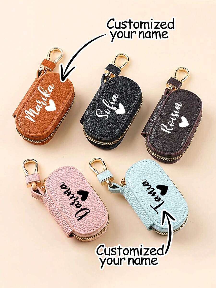 1pc Personalized Name Car Key Holder, Customized Genuine Leather Car Keychain, Leather Keychain, Key Pouch, Leather Key Case, Leather Gift, Gift For Her - Multicolor - View 1