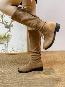 女式新款复古系带绒面高筒靴，秋冬粗跟马靴，褶皱休闲中筒靴，黑色