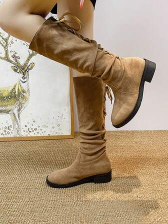 女式新款复古系带绒面高筒靴，秋冬粗跟马靴，褶皱休闲中筒靴，黑色