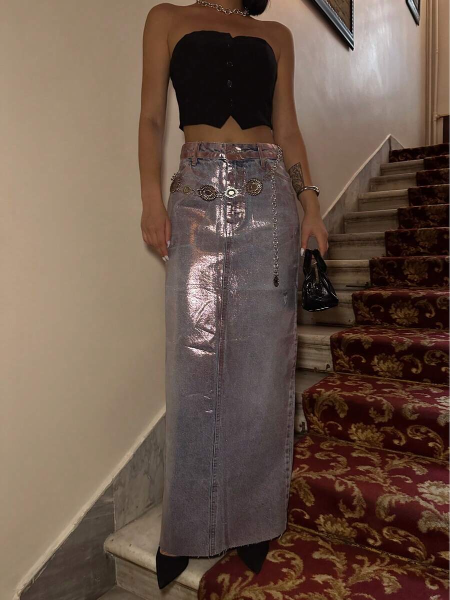 SQUALO Ljusblå slits denim midikjol - 100% bomull - Mintblå - Visa 1