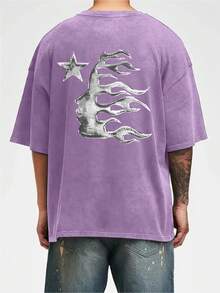 Men's Printed Pattern Washed T-Shirt - Casual Loose Summer T-Shirt With Star And Flame Design, Adult Brown 100% Pure Cotton Round Neck Shirt, Breathable T-Shirt | Avant-Garde Casual Wear | 100% Pure Cotton Printed T-Shirt - 紫色 - 查看 3