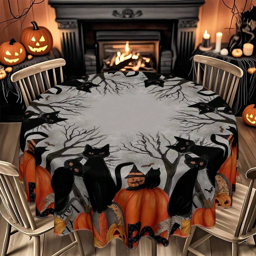 1/36 buc Față de masă dreptunghiulară și rotundă cu model de dovleac de desene animate în stil gotic de Halloween, pisică neagră, copac gol, potrivită pentru petreceri de sărbători, reuniuni de familie, decor festiv, bucătărie, sufragerie, sufragerie, banchet de hotel