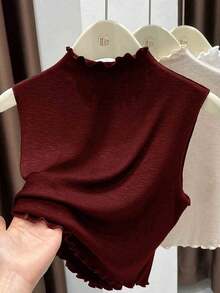 1pc Women's Slim Fit Sleeveless Knit Top With Double Ruffle Hem & Detachable Collar
