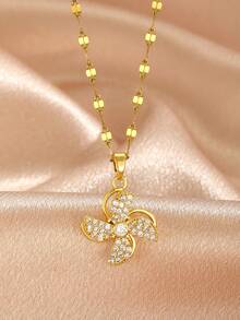 1 Stück luxuriöse Kupfer & kubische Zirkonia Pflaumenblüten-förmige & Glücksklee-Herzen & Blumen & Windmühlen drehbare Edelstahl Halskette, geeignet für Frauen und Mädchen für den täglichen Gebrauch / Jahrestags-Geschenke für Freundin oder Geliebte