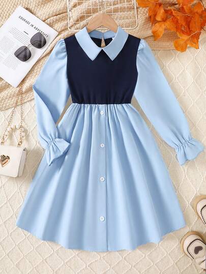 Vestido azul lindo para niñas, con cuello y yoke de color contrastante, cierre con botones, puños con volantes, adecuado para la escuela y salidas