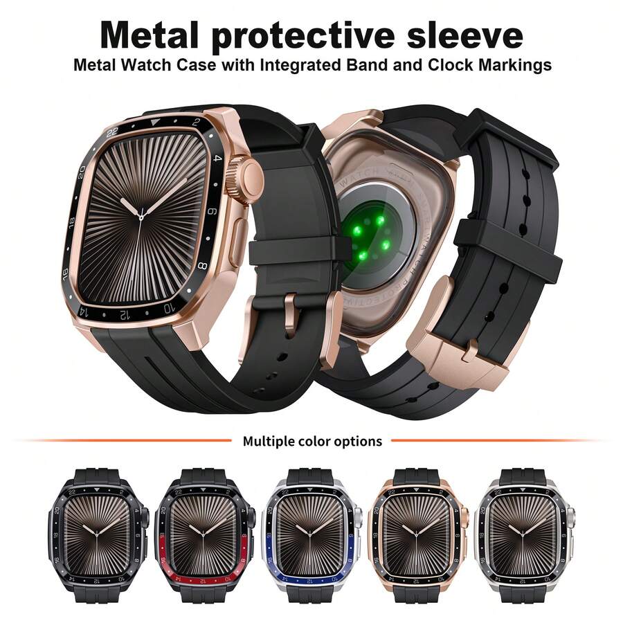 Full Protection Watch Band For Series 10 (46mm/44mm/45mm), Compatible With Series 9/8/7, Luxury Metal Case, Durable Silicone Strap With Metal Buckle, Suitable For Daily Wear, Ideal Gift For Men - Black + Rose Gold - View 1