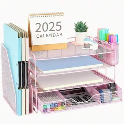 4-Tier Desk Organizer With Drawers And 2 Pen Holders For Office Supplies, Paper Letter Tray Organizer With Folders