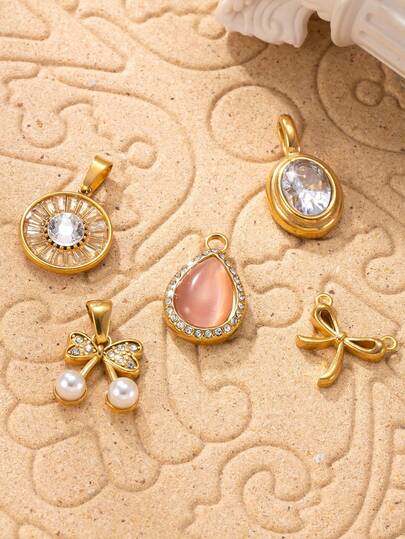 1 mặt dây chuyền hình nơ anh đào bằng thép không gỉ mạ vàng 18K đính đá Cubic Zirconia, mặt dây chuyền chủ đề thanh lịch thích hợp làm vòng cổ, vòng tay, hoa tai và phụ kiện trang sức tự làm