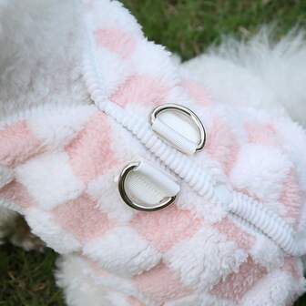 棋盘格纽扣开衫，带牵引绳，适合宠物，秋冬季保暖内衬