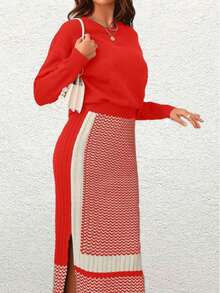 مجموعة تتكون من 2 قطعة: كنزة صوفية بولوفر حمراء وتنورة قصيرة بلون متباين، مناسبة للخريف والشتاء