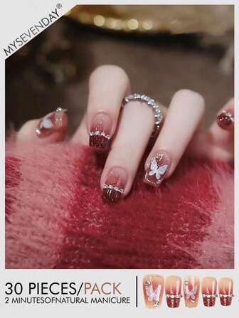 30 片按压式指甲方形/短渐变蝴蝶印花闪粉、闪亮钻石按压式指甲板/指甲饰物 Y2K 适合聚会、节日、万圣节和日常使用，附带 1 片果冻胶和 1 条摩擦条指甲用品指甲