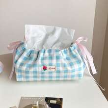 Korean Ins Style Drawstring Tissue Box, Blue & White Plaid Fabric Storage Bag, Atmosphere Decor For Desk, Suitable For Coffee Table, Dining Table, Car - Simple & Fashionable Home Essential - Multicolor - View 4