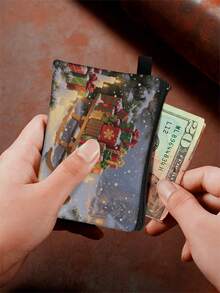 1 pieza Monedero compacto con cremallera, bolsa con cremallera de poliéster de moda y duradera con estampado gráfico con temática navideña, ideal para guardar monedas y pequeños artículos esenciales, regalo divertido con cierre , material duradero, fácil de mantener