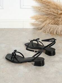 Women's Fashion Multi-Strap Bowknot Open Toe Hollow Out Buckle Low Heel Sandals, Comfortable Versatile Non-Slip Chunky Heel Roman Slide Sandals,Spring Summer Outfits - Black - View 6