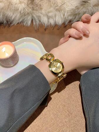 1 件女士金色圆形个性化手表版本简约、小表盘、大气、时尚、休闲、百搭、石英表适合日常装饰