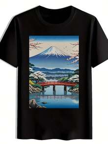 Men's Short Sleeve T-Shirt With Japanese Landscape Print - Black Casual Round Neck Summer Tee, Breathable Polyester For Travel, Beach, Holidays & Giftsvintage Clothes Women Halloween Clothes 220g High-Quality Pure Cotton T-Shirt With Minimalist Printing, Soft And Breathable Fabric - Black 5 - View 1