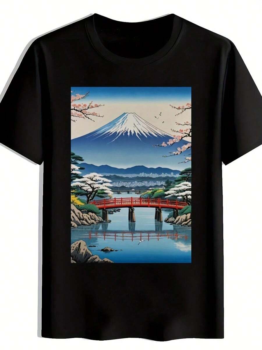 Men's Short Sleeve T-Shirt With Japanese Landscape Print - Black Casual Round Neck Summer Tee, Breathable Polyester For Travel, Beach, Holidays & Giftsvintage Clothes Women Halloween Clothes 220g High-Quality Pure Cotton T-Shirt With Minimalist Printing, Soft And Breathable Fabric - Black 5 - View 1