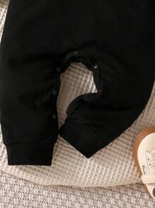 女婴简约舒适春秋季新款字母印花连帽蝴蝶结装饰长袖连体衣 - 黑色 - 查看 6