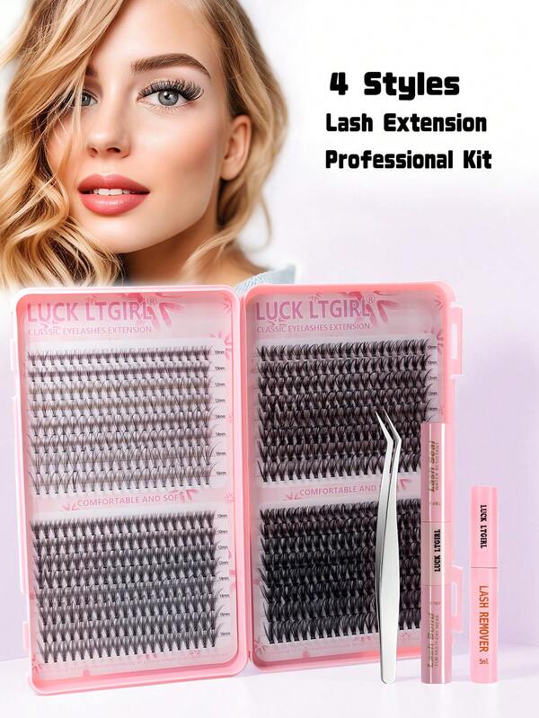 Kit de Extensão de Cílios - 640 Cílios Individuais e em Conjunto, 4 Estilos Versáteis (Do Natural para o Dia a Dia a Volumosos e Dramáticos de Alta Densidade), Comprimentos Mistos de 10 a 16 mm com Suavidade de Vison Sintético. O Conjunto Completo Inclui Adesivo para Cílios, Selante de Longa Duração e Pinça de Precisão. Design Ultraleve e com Faixa Invisível para Aplicação DIY sem Esforço, Perfeito para Uso Diário e Maquiagem para Festas.