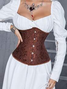1 件女式丝带提花紧身胸衣，可调节腰部束腰，适合派对、万圣节和节日万圣节服装 - 咖啡棕 - 查看 3