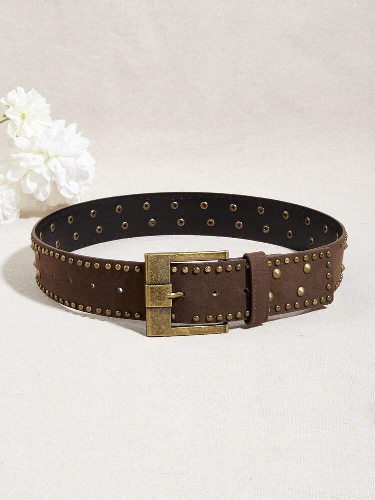 1pc Brown New Rivet Casual PU (Polyurethane) Women's Belt, Suitable For Jeans, Dresses, Coats, Fashion Retro Western Style Design, Versatile For Daily Use - Brown - View 2