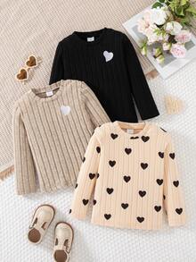 3 件套女孩心形刺绣装饰圆领长袖 T 恤，休闲日常穿着，春秋季