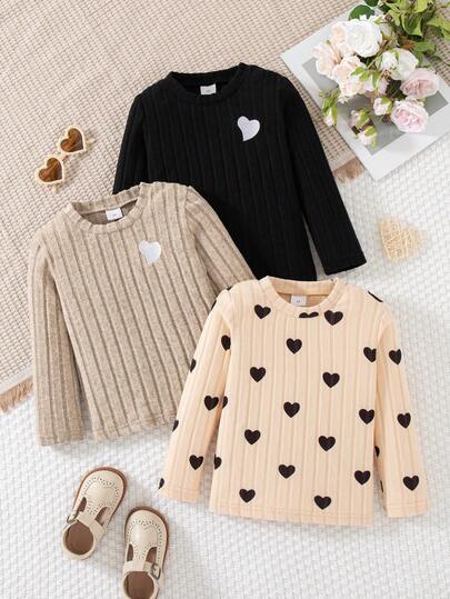 3 件套女孩心形刺绣装饰圆领长袖 T 恤，休闲日常穿着，春秋季
