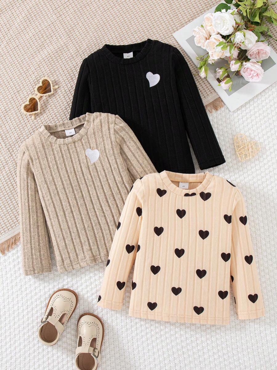 3 件套女孩心形刺绣装饰圆领长袖 T 恤，休闲日常穿着，春秋季