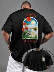 Camiseta Casual de Manga Corta para Hombre - Impresión Gráfica de Casa Blanca con Motivo Floral y Paisajístico, Verde Brillante, Ajuste Regular para Actividades al Aire Libre en Verano, Telas Cómodas - Negro - Ver 1