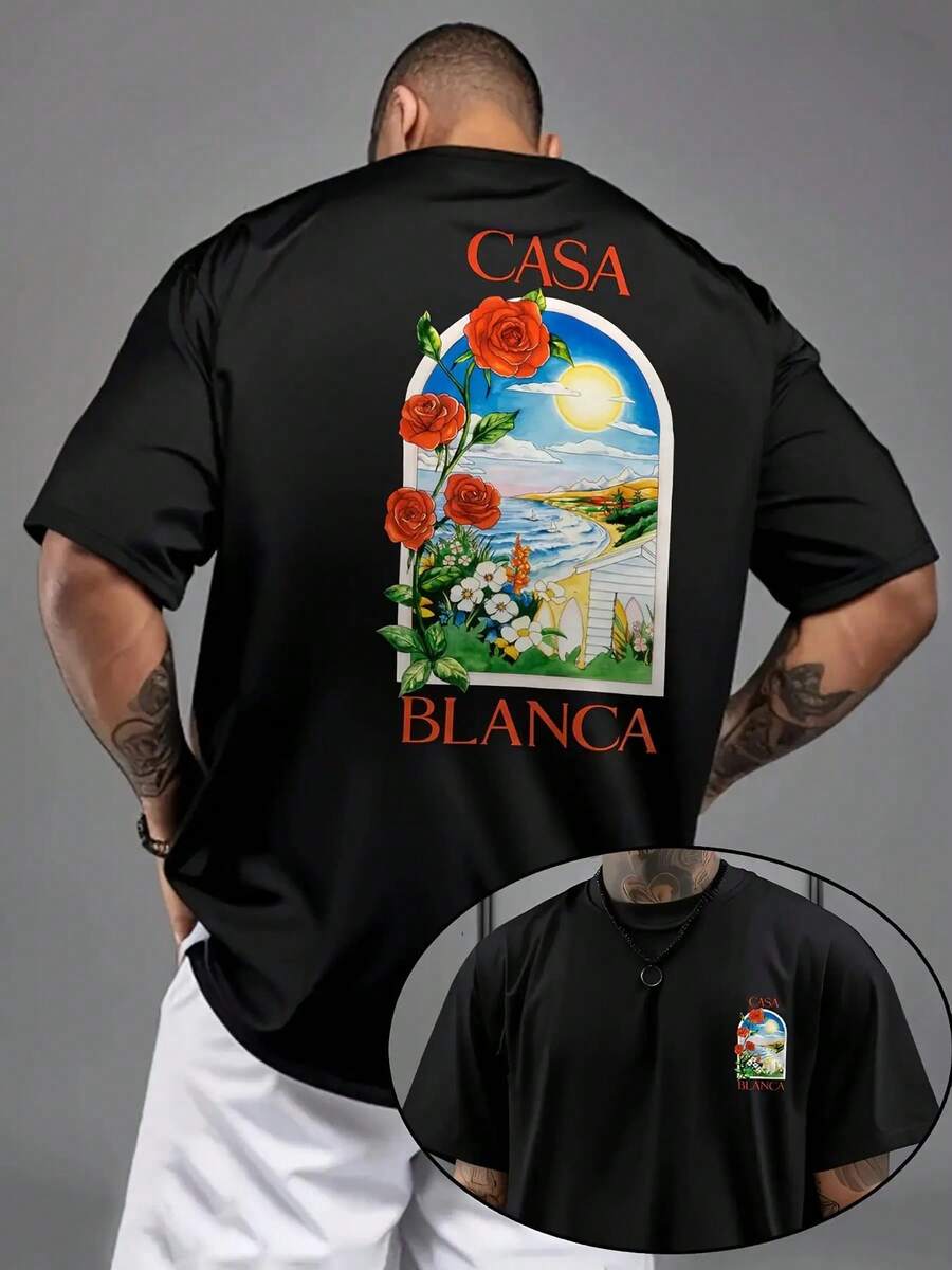 Camiseta Casual de Manga Corta para Hombre - Impresión Gráfica de Casa Blanca con Motivo Floral y Paisajístico, Verde Brillante, Ajuste Regular para Actividades al Aire Libre en Verano, Telas Cómodas - Negro - Ver 1
