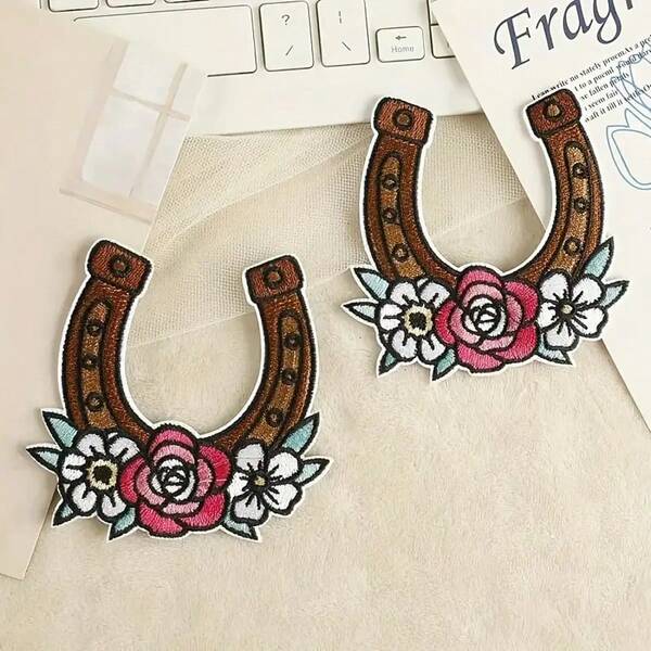 3 Stücke florale Hufeisen Patches - rustikales braunes U-förmiges Eisen-auf/Näh-auf Stoffabzeichen, weißes & rosa Blumenmuster, DIY Stickerei Applikationen für Kleidung, Taschen, Jeans, Jacken