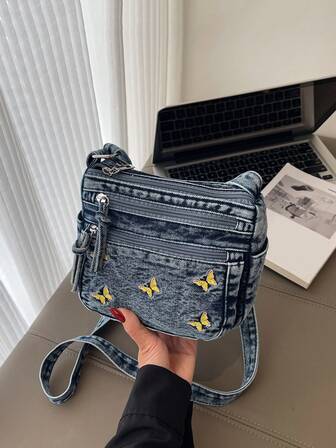 1 pieza Bolso cruzado de mezclilla casual para mujer, con cierre de cremallera múltiple, bolso cuadrado pequeño, bolso de hombro casual con múltiples bolsillos, adecuado para uso diario, estilo de mezclilla clásico, decoración con bordado de mariposa, el mini bolso cruzado es el mejor regalo para las chicas que quieren algo talla grande ligero y conveniente.