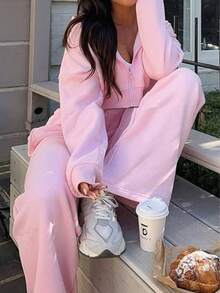 2pcs Set: Casual Versatile Hooded Zip-Up Star Print Sweatshirt Jacket And Drawstring Straight Leg Pants, Thermal Lined, New Autumn/Winter,Winter Clothes For Women,Two Pieces Set Women