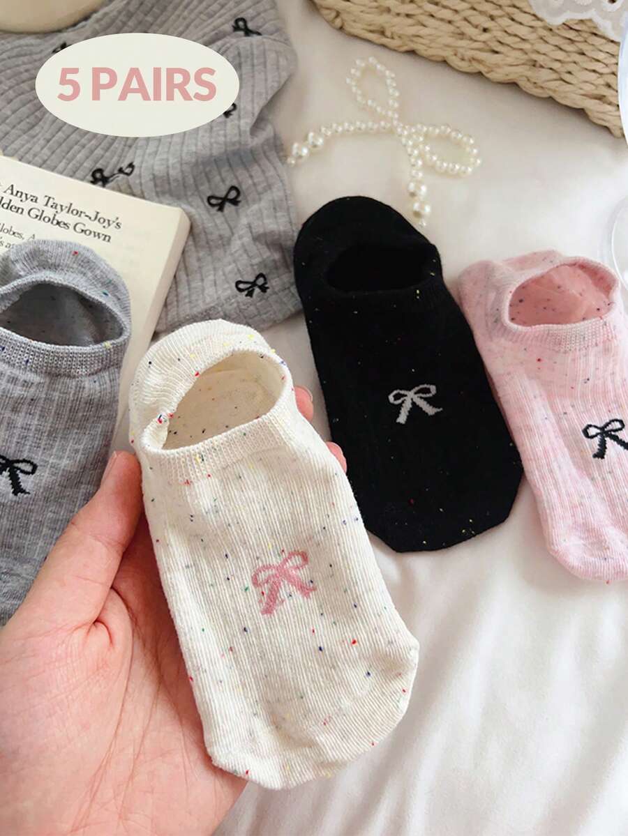 5 Pairs Women's Sweet Bow Pattern Simple Boat Socks Invisible Socks Ankle Socks, Moisture Wicking, Casual Comfortable Dot Yarn Socks, Suitable For Spring&Summer&Fall, For Daily Wear And Outings - Multicolor - View 1
