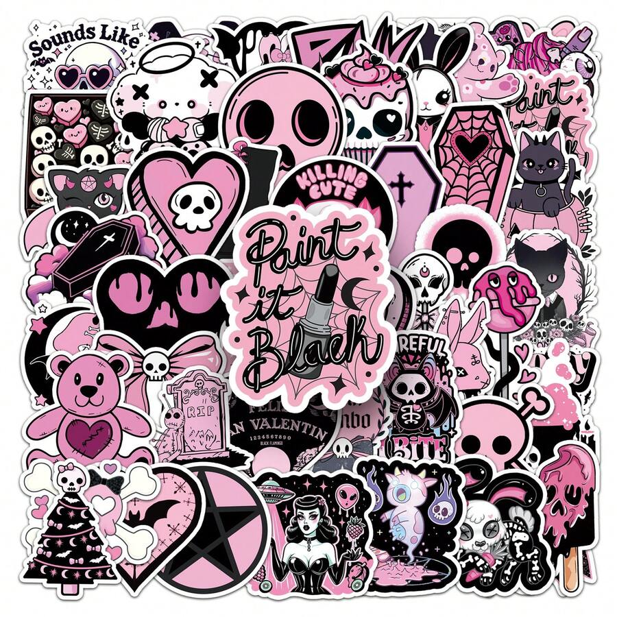 50pcs Black & Pink Gothic Skull, Cute & Stylish Cartoon Aesthetic Graffiti Stickers, Suitable For DIY On Water Bottles, Notebooks, Skateboards, Luggage, Helmets, Self-Adhesive Graffiti Stickers - Pink - View 1