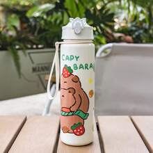 1pc Cute Water Bottle With Water Vole/Capybara Theme Print, 23oz Plastic Sports Water Bottle With Lid, Straw And Lanyard, Portable For Outdoor Sports, Hiking, Travel, Camping, Holiday & Halloween Gifts